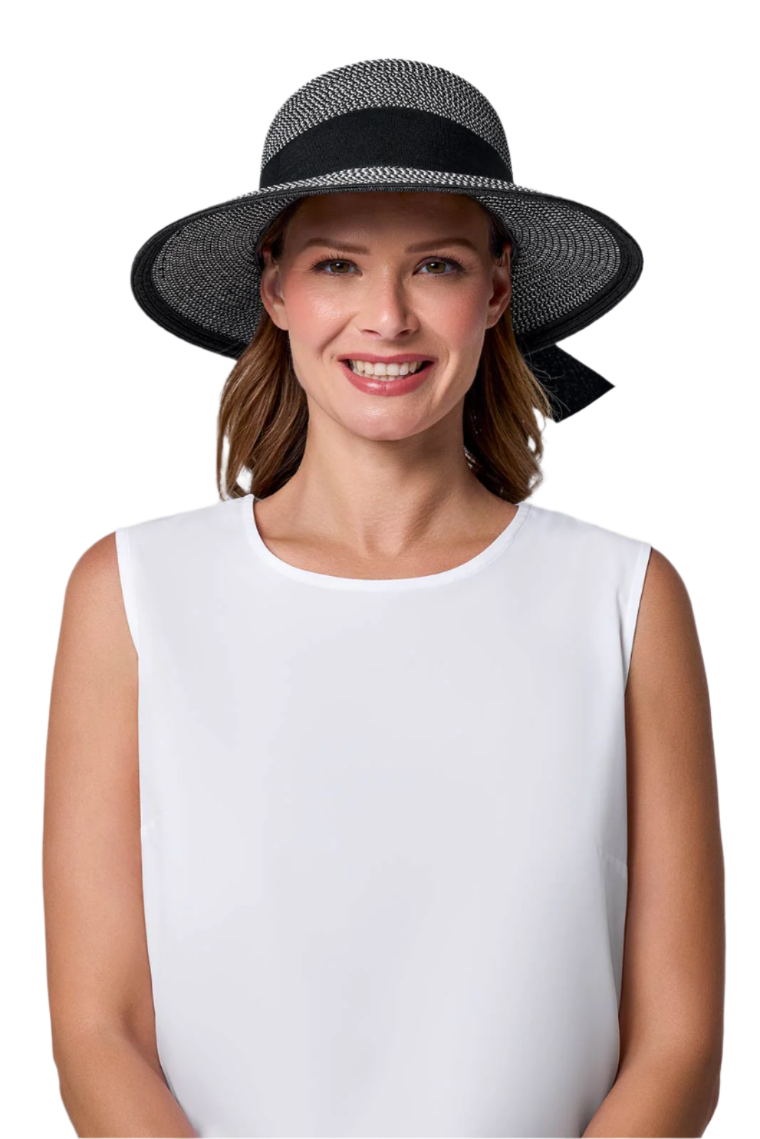 Coolibar Clara Asymmetrical Sun Hat UPF 50+ - Black/Ivory Colorblock