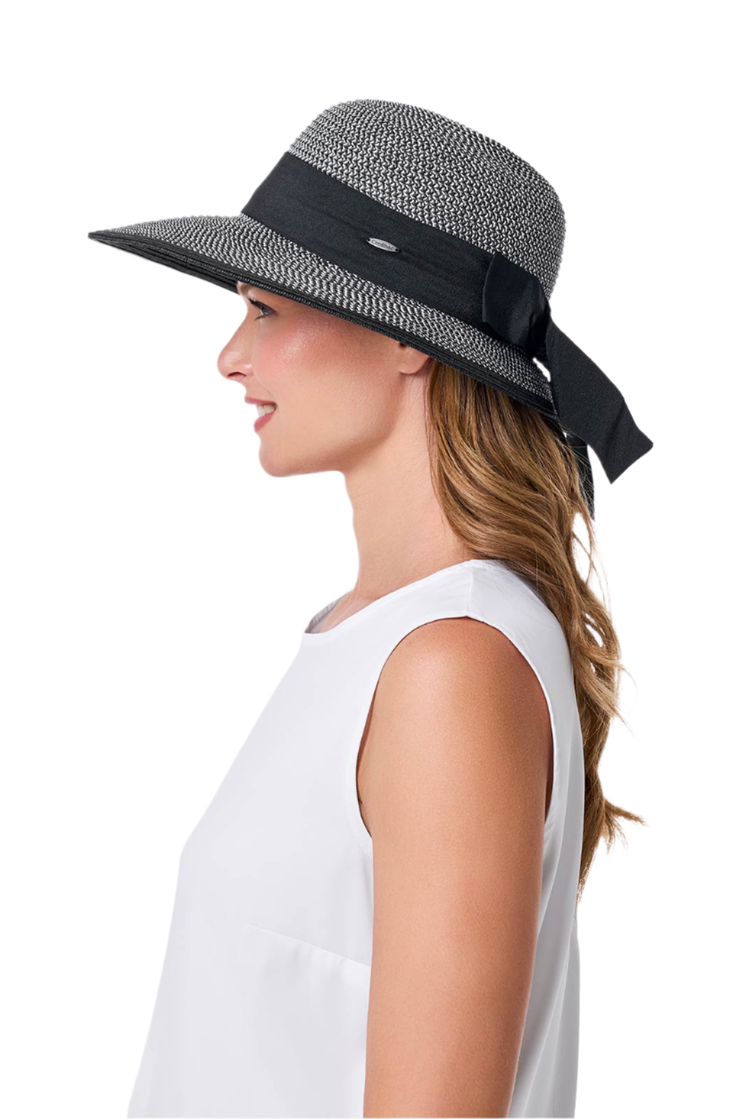 Coolibar Clara Asymmetrical Sun Hat UPF 50+ - Black/Ivory Colorblock