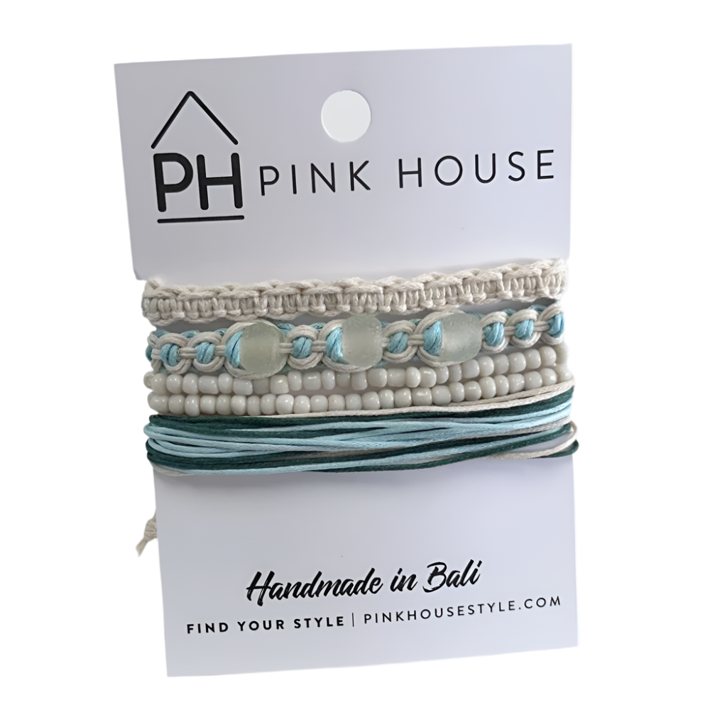 Pink House Arm Deco Beach Glass Pull Bracelets Set/4 - Aqua