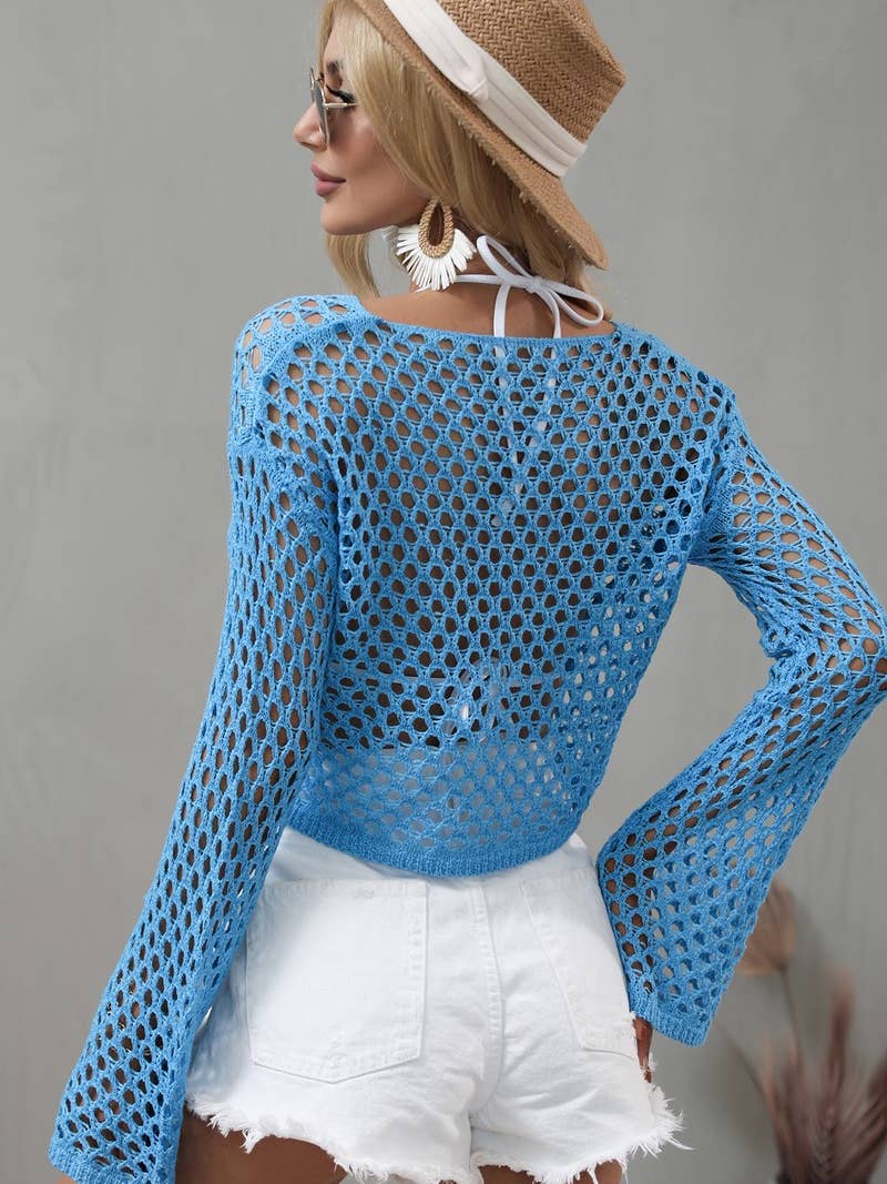 SSR Mesh Crochet Long-Sleeved Cover Up Top - Blue