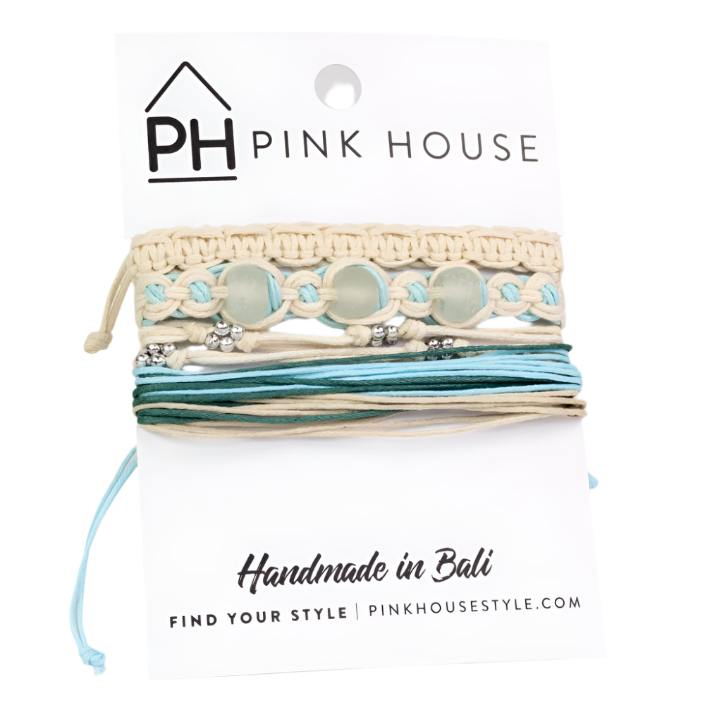 Pink House Arm Deco Beach Glass Pull Bracelets Set/4 - Aqua