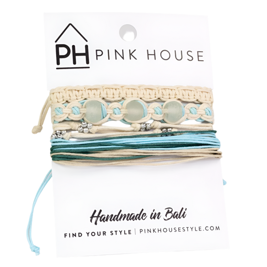 Pink House Arm Deco Beach Glass Pull Bracelets Set/4 - Aqua