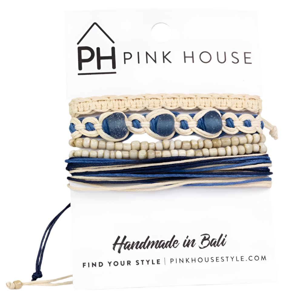 Pink House Arm Deco Beach Glass Pull Bracelets Set/4 - Blue