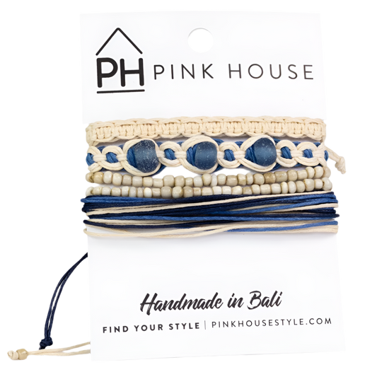 Pink House Arm Deco Beach Glass Pull Bracelets Set/4 - Blue