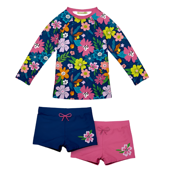 Millie Loves Lily Girls Swim Long-Sleeve 3-PC Rashguard Set - Fuchsia Adele Floral