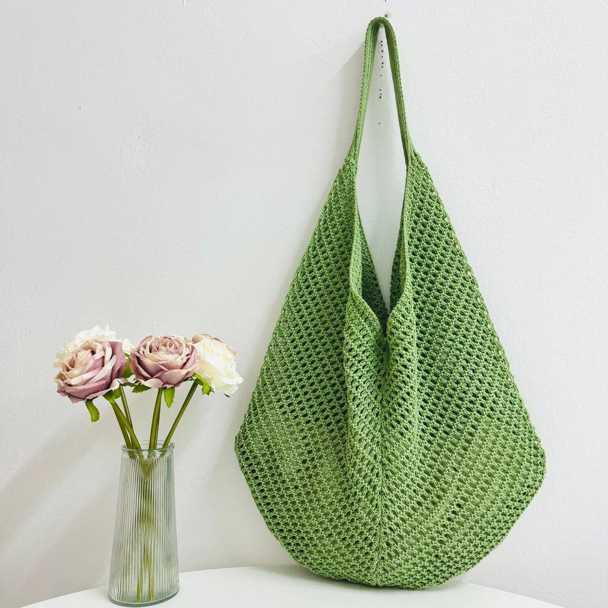 SSR Knit Hollow Braided Shoulder Beach Bag Tote - Green