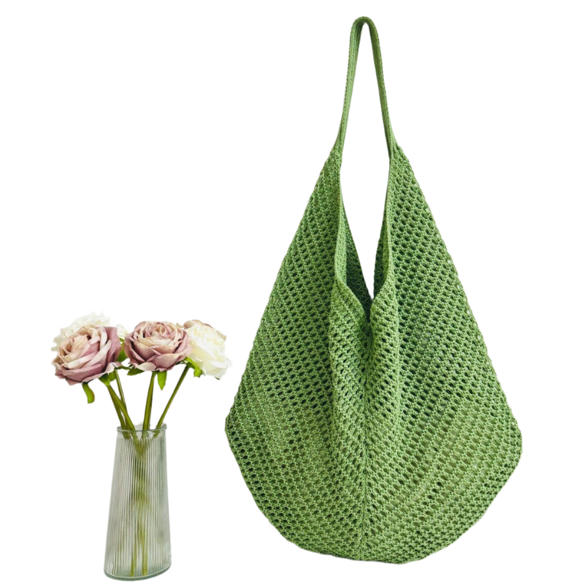 SSR Knit Hollow Braided Shoulder Beach Bag Tote - Green