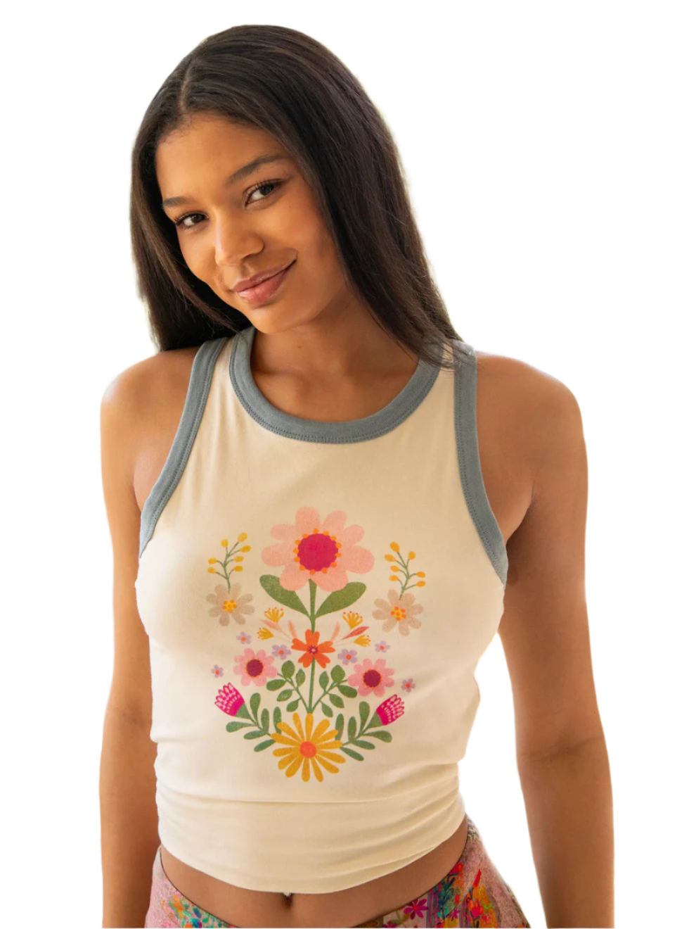 Natural Life Ringer Tank Top - Ivory Folk Flower
