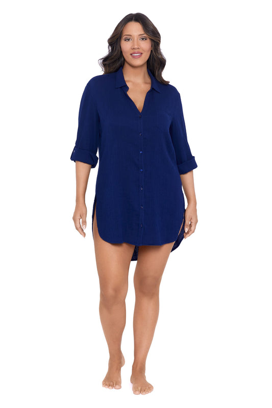 Trimshaper Solid Button Down Beach Shirt Swim Cover Up - Ink