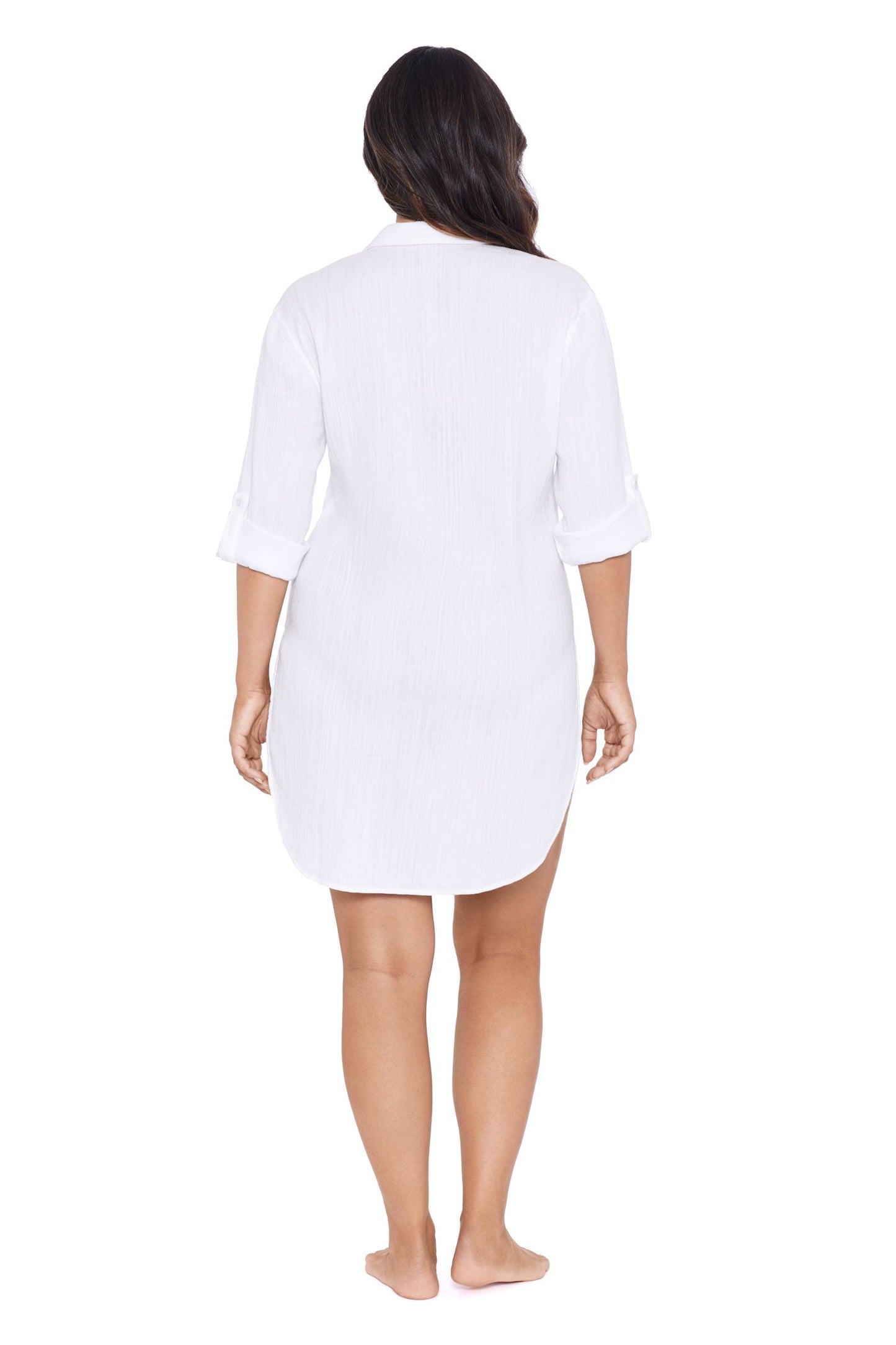 Trimshaper Solid Button Down Beach Shirt Swim Cover Up - White - FINAL SALE