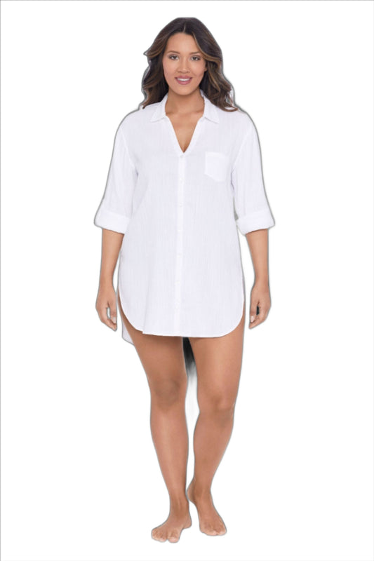 Trimshaper Solid Button Down Beach Shirt Swim Cover Up - White