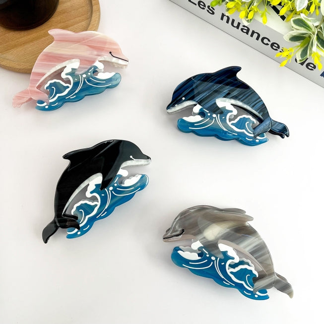 SSR Acetate Joyful Playful Jumping Dolphin & Waves Hair Claw Clip - Blue