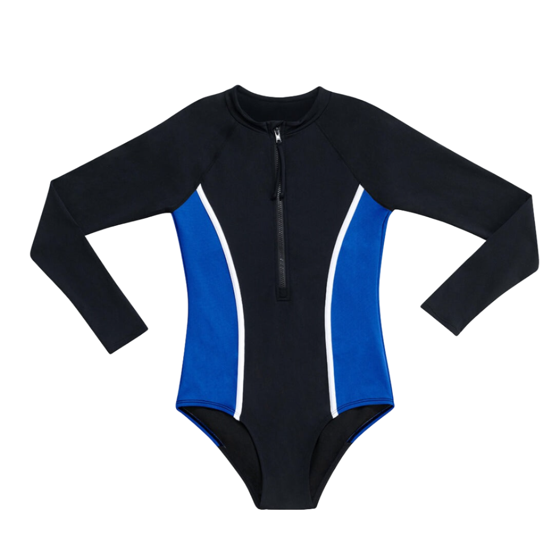 Dolfin Aquashape Color Blocked Zip Front Mock Neck Long Sleeve Moderate One Piece - Black/Blue FINAL SALE