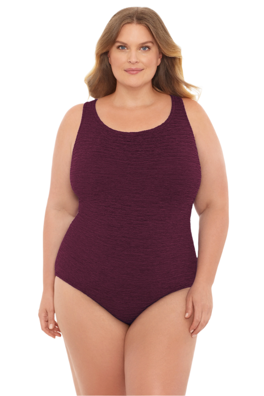 Penbrooke Krinkle Plus Size Chlorine Resistant Cross Back One Piece Swimsuit - Eggplant