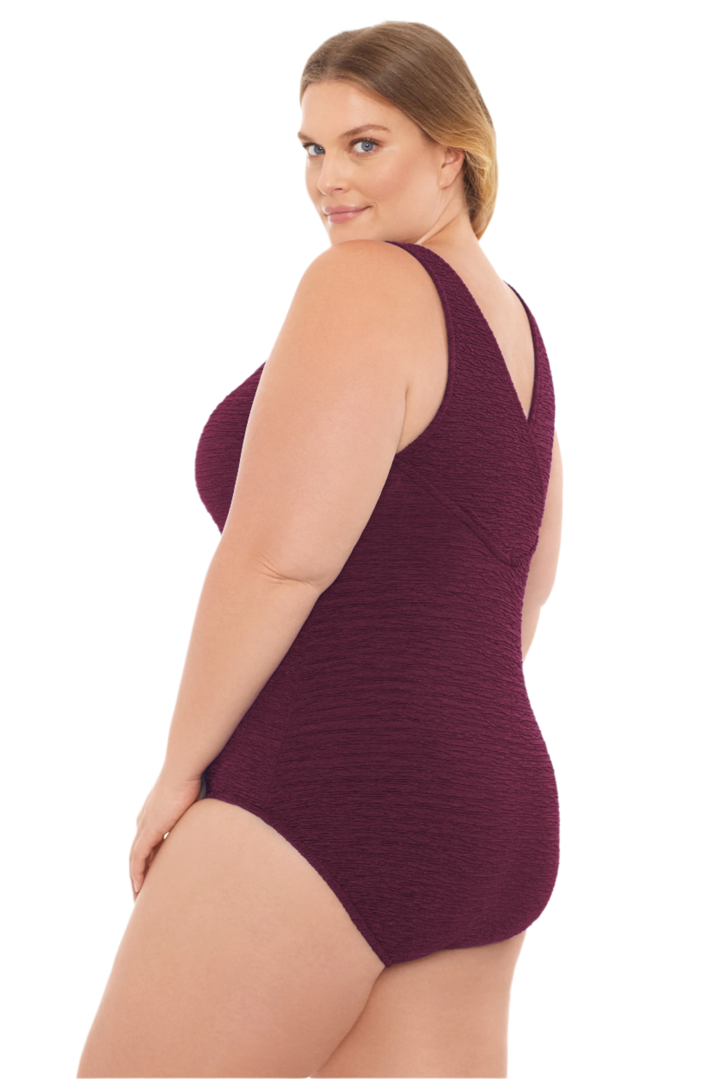 Penbrooke Krinkle Plus Size Chlorine Resistant Cross Back One Piece Swimsuit - Eggplant