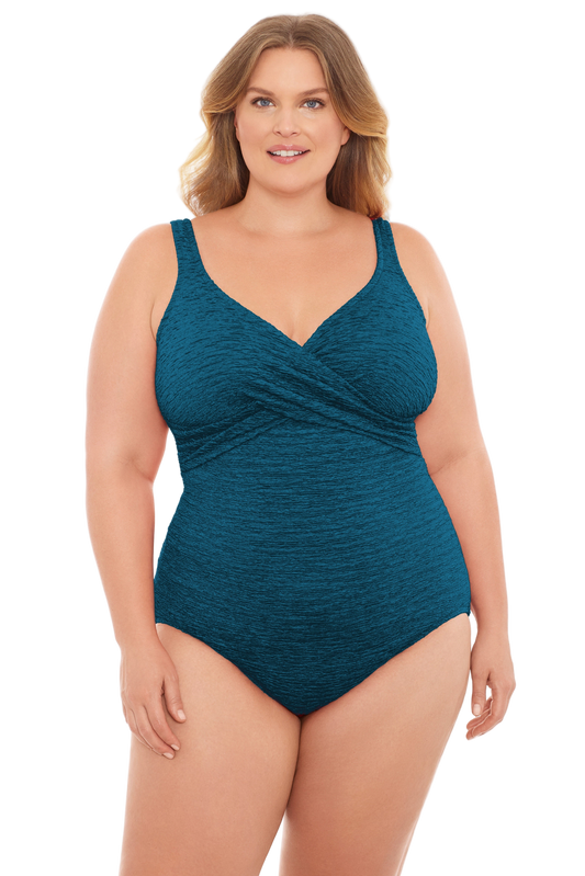 Penbrooke Krinkle Plus Size Chlorine Resistant Cross Over One Piece Swimsuit - Dark Teal Blue
