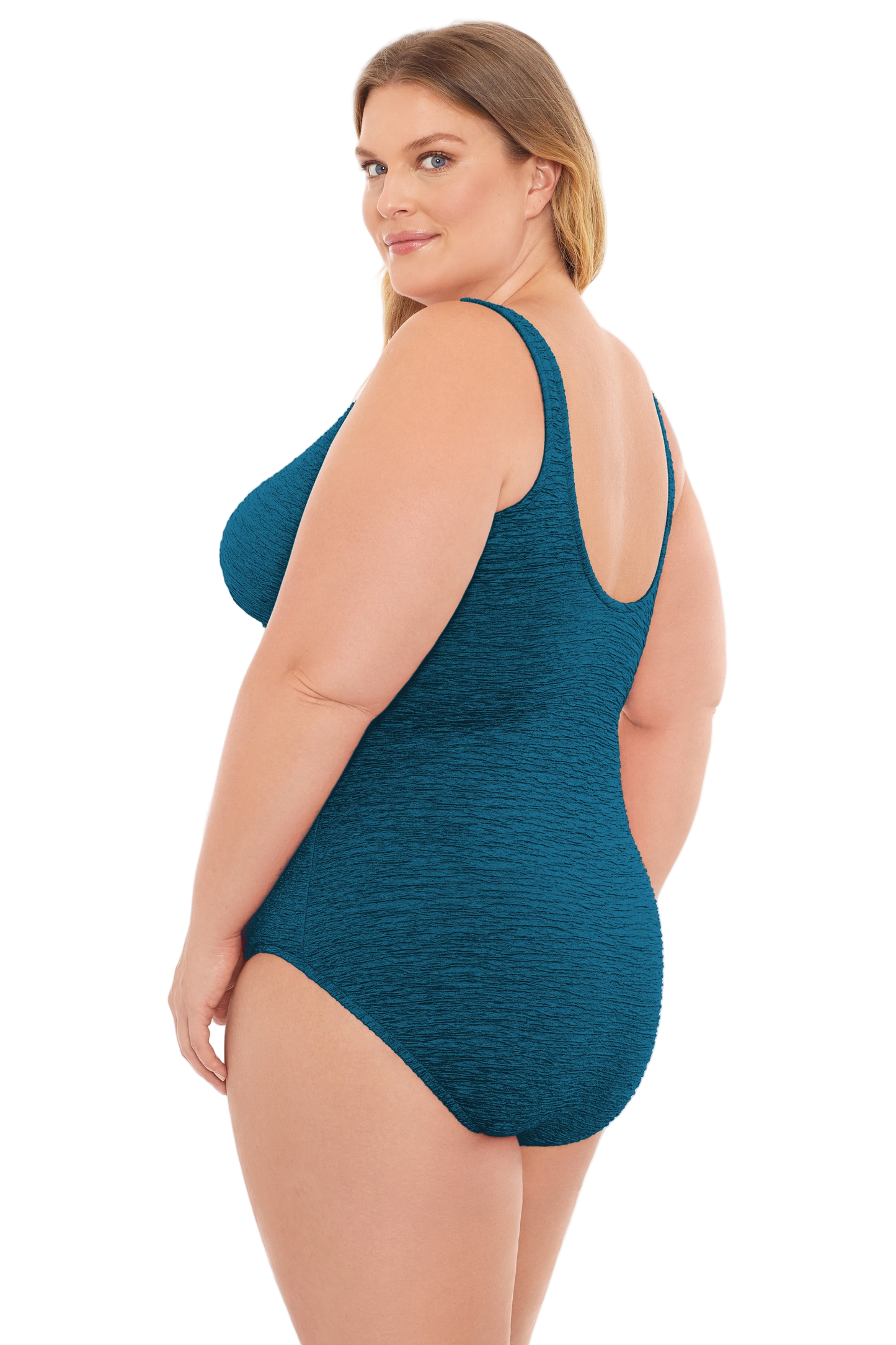 Penbrooke Krinkle Plus Size Chlorine Resistant Cross Over One Piece Swimsuit - Dark Teal Blue