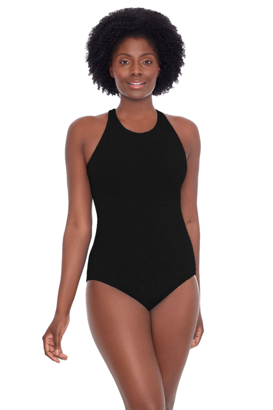 Penbrooke Krinkle Mastectomy High Neck Chlorine Resistant One Piece Swimsuit - Black