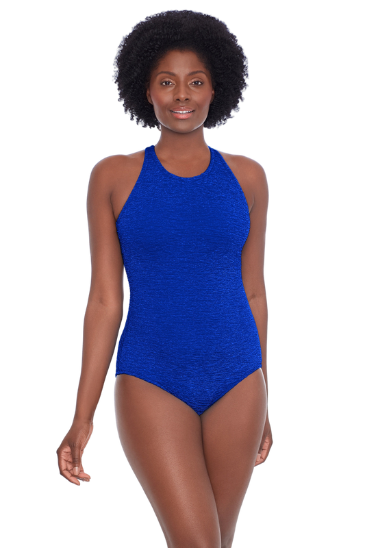 Penbrooke Krinkle Mastectomy High Neck Chlorine Resistant One Piece Swimsuit - Royal