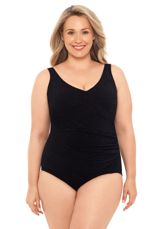 Penbrooke Krinkle Plus Size Chlorine Resistant Mock Surplice One Piece Swimsuit - Black