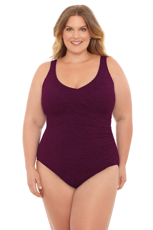 Penbrooke Krinkle Plus Size Chlorine Resistant Mock Surplice One Piece Swimsuit - Eggplant