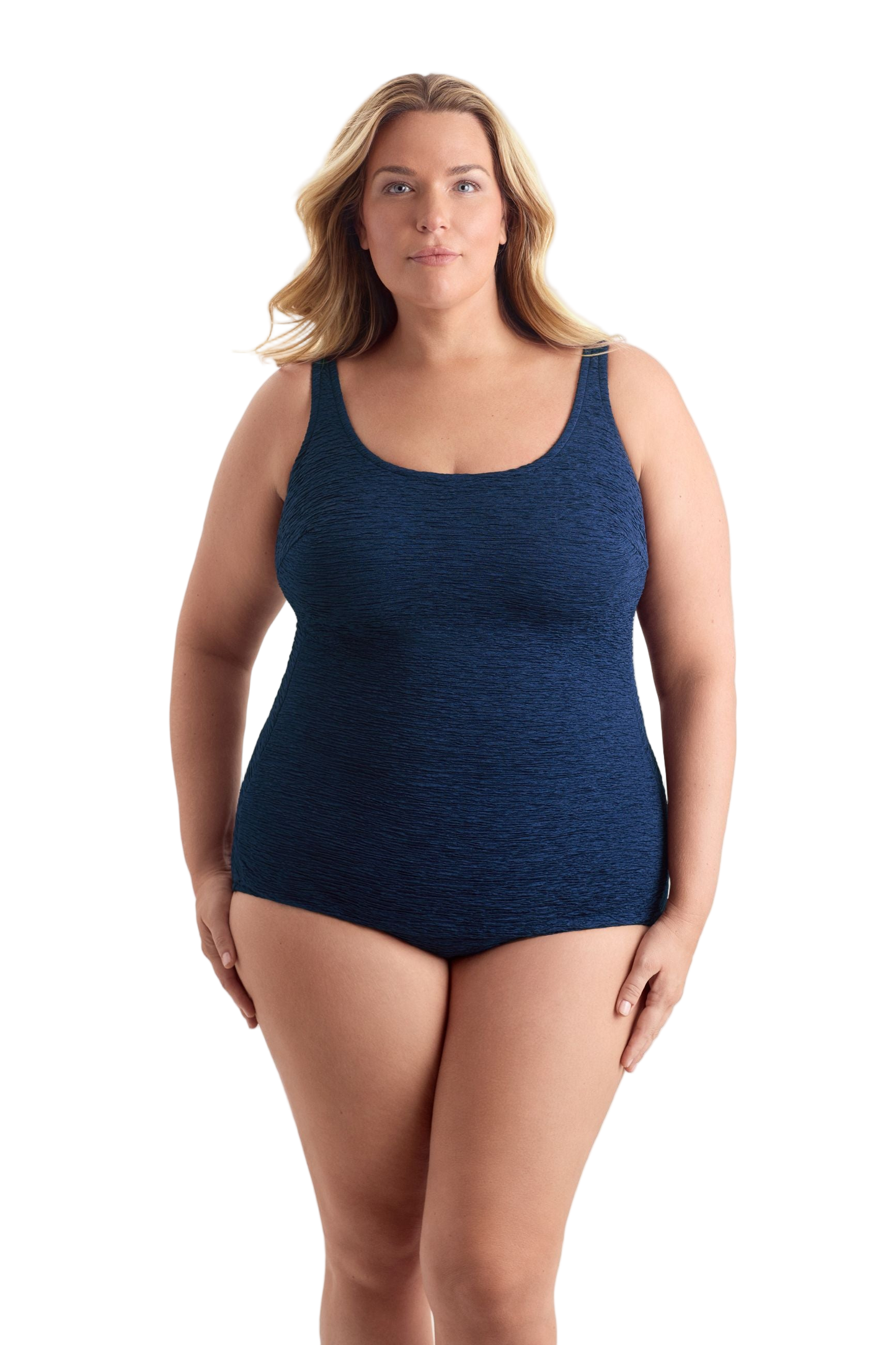 Penbrooke Krinkle Plus Size Sheath Scoop Neck Chlorine Resistant One Piece Swimsuit - Navy