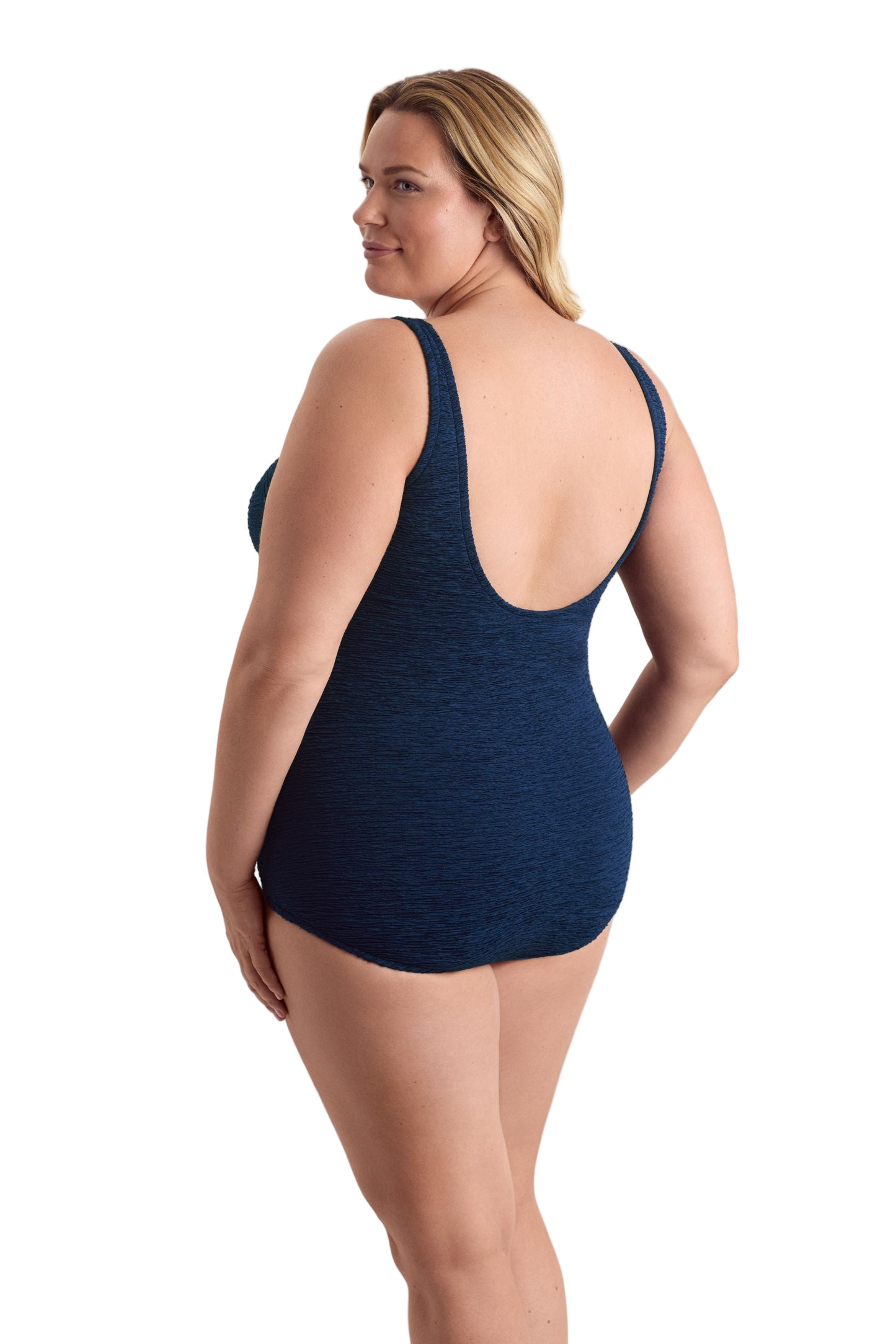 Penbrooke Krinkle Plus Size Sheath Scoop Neck Chlorine Resistant One Piece Swimsuit - Navy
