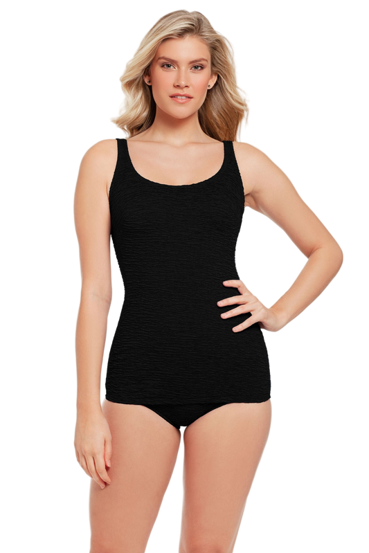 Penbrooke Krinkle Sheath Scoop Neck Chlorine Resistant One Piece Swimsuit - Black