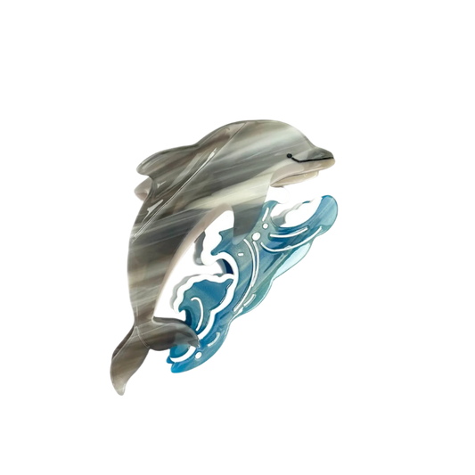 SSR Acetate Joyful Playful Jumping Dolphin & Waves Hair Claw Clip - Gray