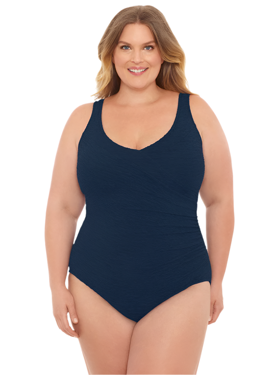 Penbrooke Krinkle Plus Size Chlorine Resistant Mock Surplice One Piece Swimsuit - Navy Blue
