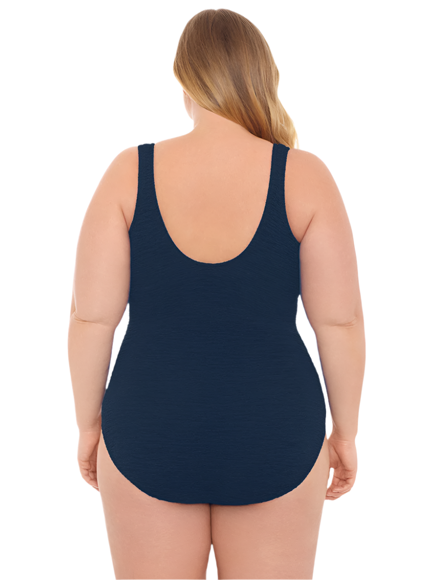 Penbrooke Krinkle Plus Size Chlorine Resistant Mock Surplice One Piece Swimsuit - Navy Blue