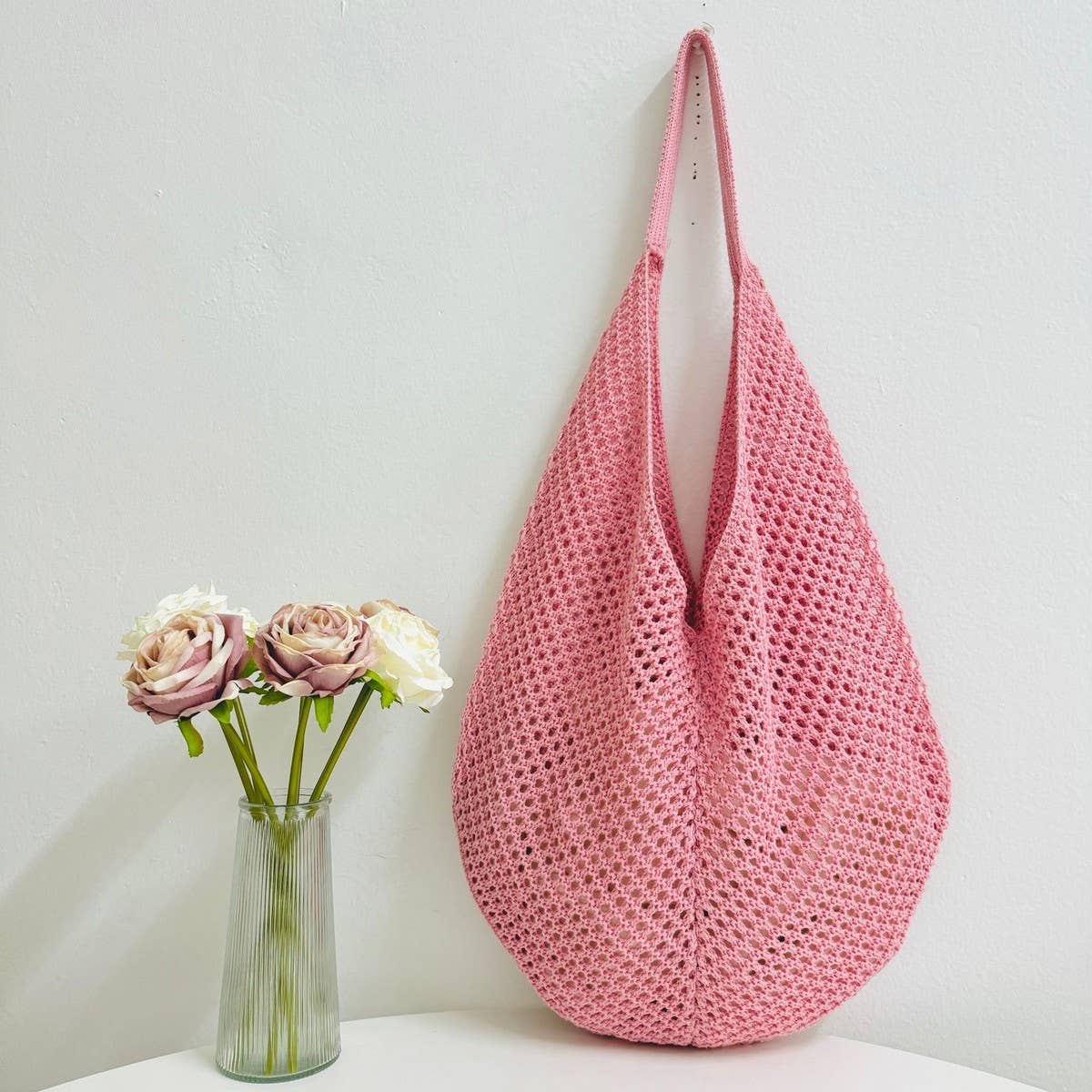SSR Knit Hollow Braided Shoulder Beach Bag Tote - Pink
