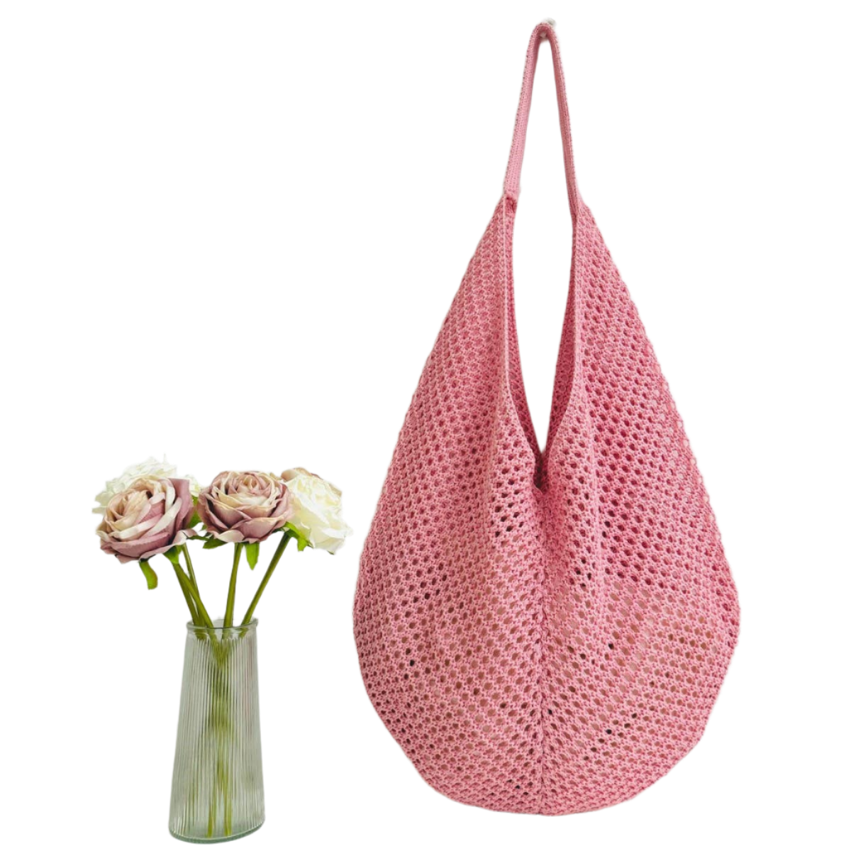SSR Knit Hollow Braided Shoulder Beach Bag Tote - Pink