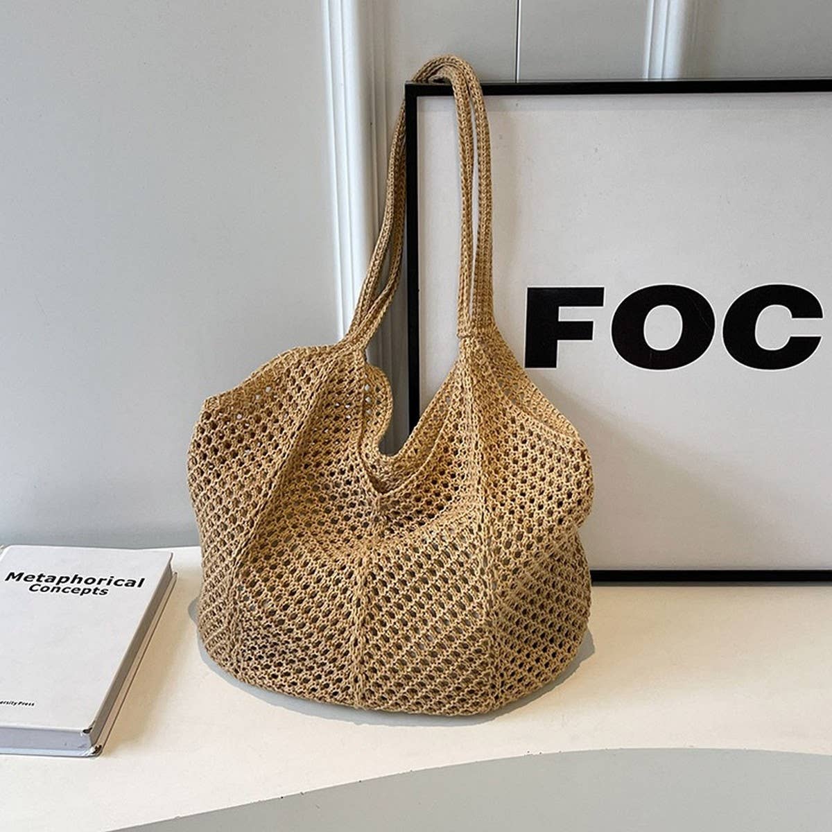 SSR Knitted Hollow Woven Shoulder Beach Bag Tote - Brown