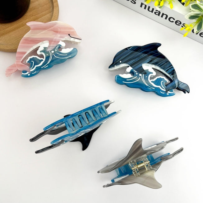 SSR Acetate Joyful Playful Jumping Dolphin & Waves Hair Claw Clip - Blue