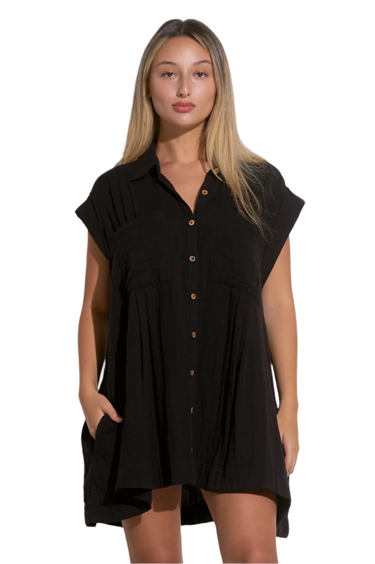 Elan Oversized Button Down Coverup Shirt Dress - Black