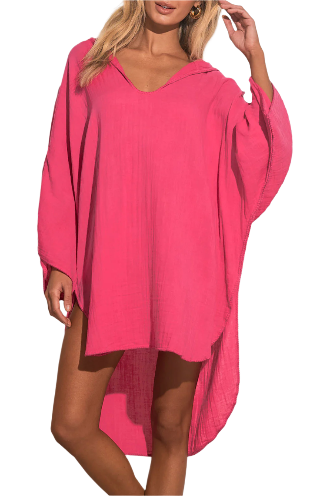 Elan Cotton V-Neck Hoodie Coverup - Hot Pink - FINAL SALE