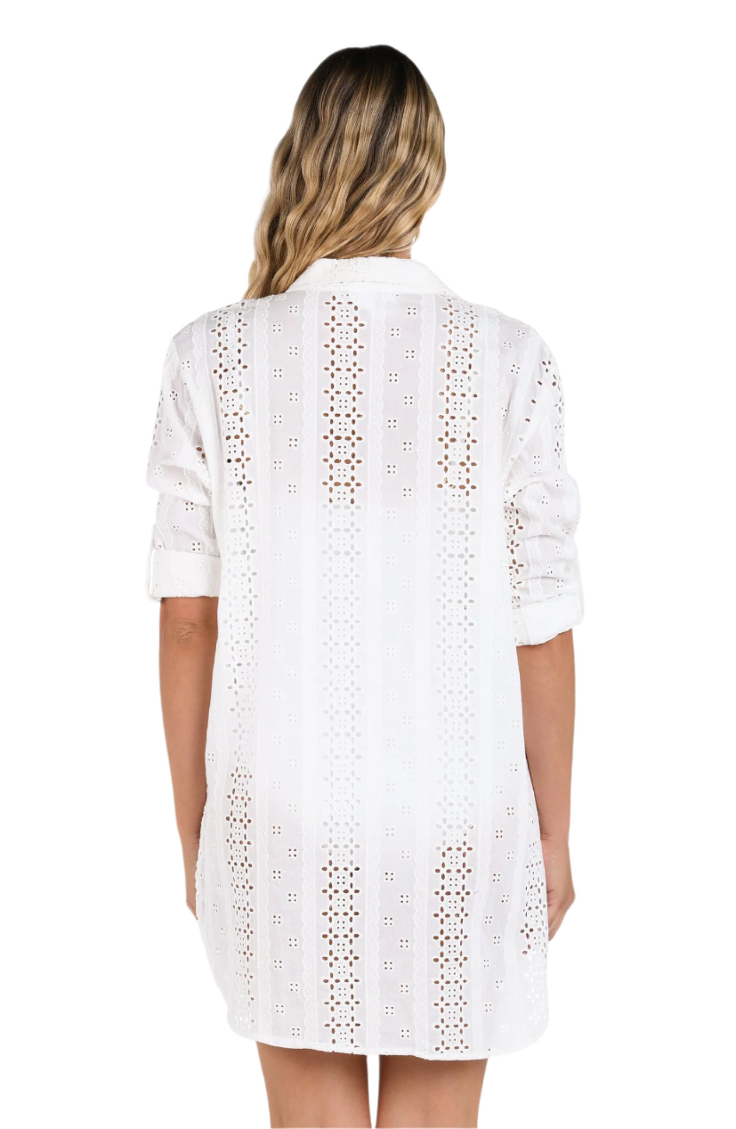 La Blanca Eyelet Coverup Camp Shirt w/ Crochet Insets - Ivory
