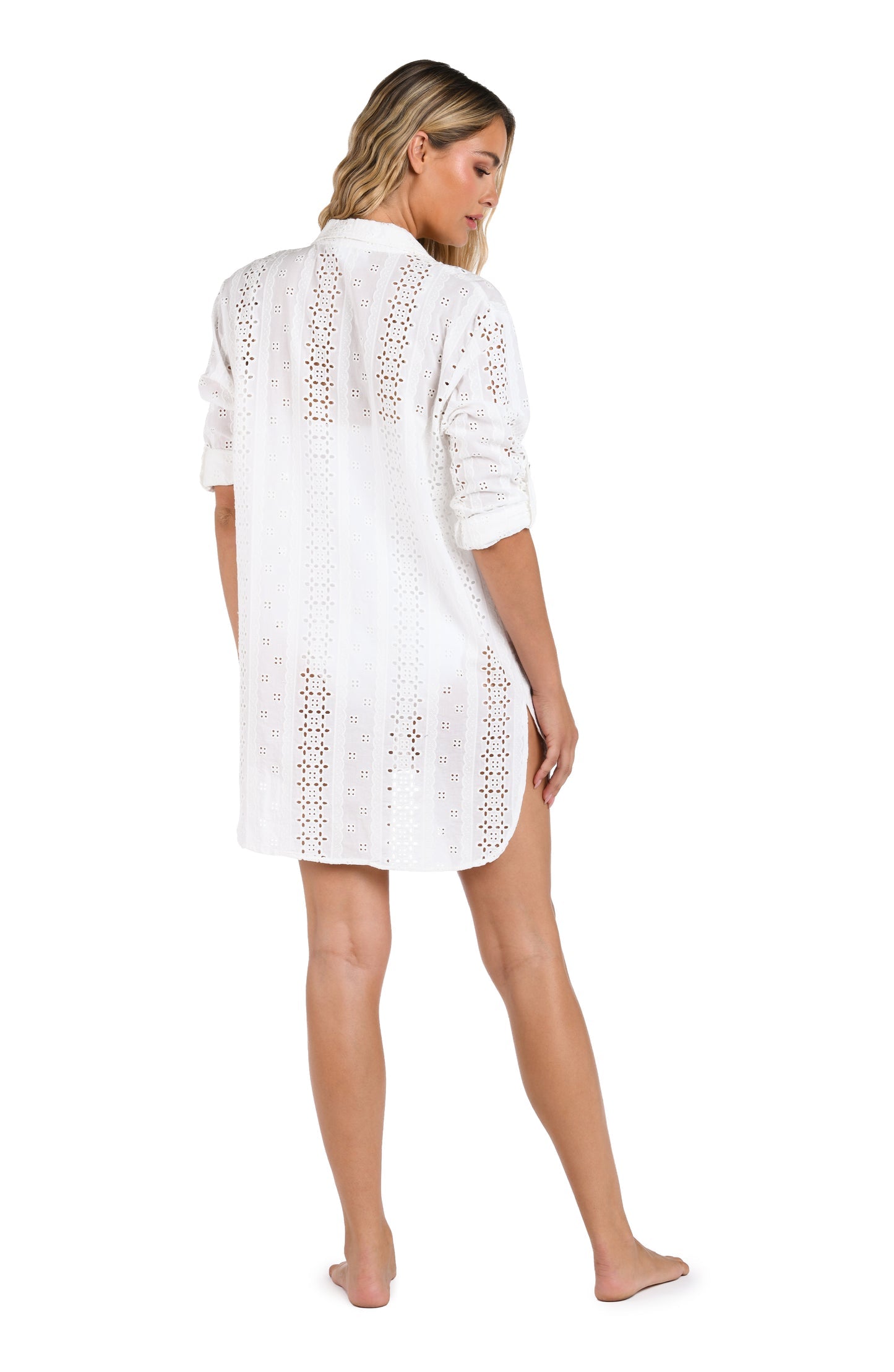 La Blanca Eyelet Coverup Camp Shirt w/ Crochet Insets - Ivory