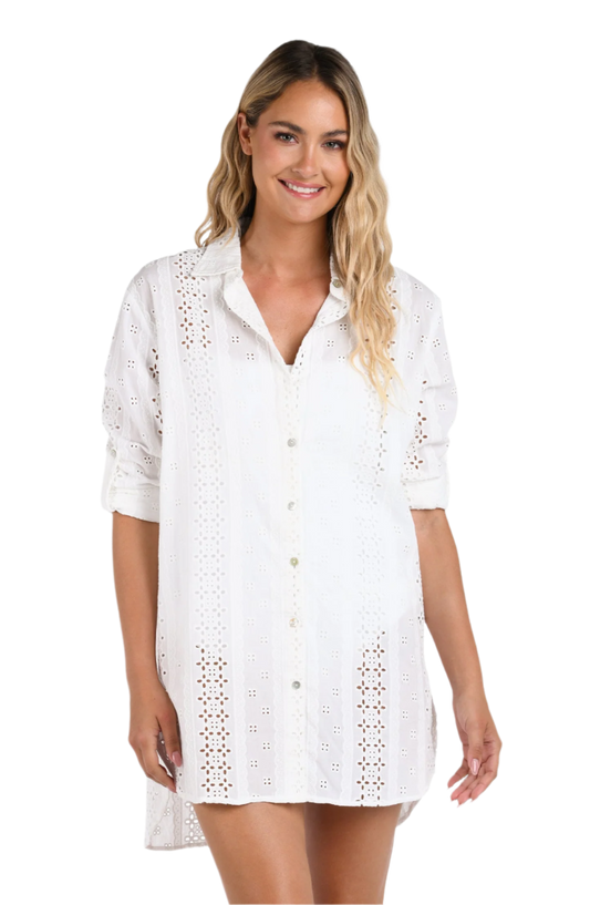 La Blanca Eyelet Coverup Camp Shirt w/ Crochet Insets - Ivory