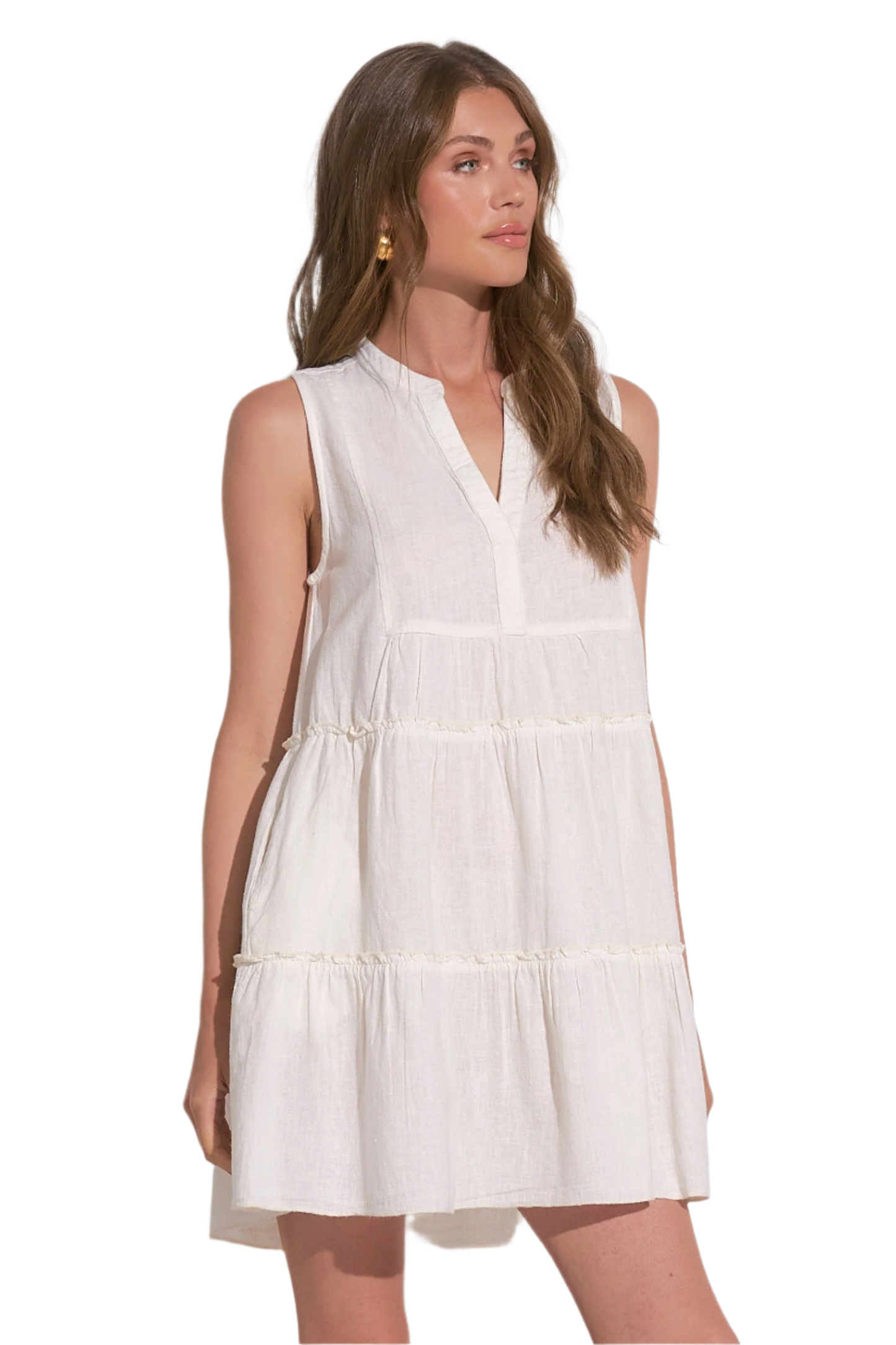 Elan Sleeveless Linen A-Line Short Dress - White