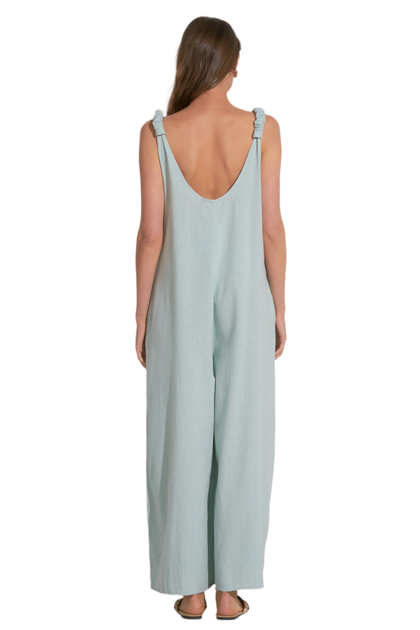 Elan V Neck Linen Tank Jumpsuit Romper - Light Teal - FINAL SALE