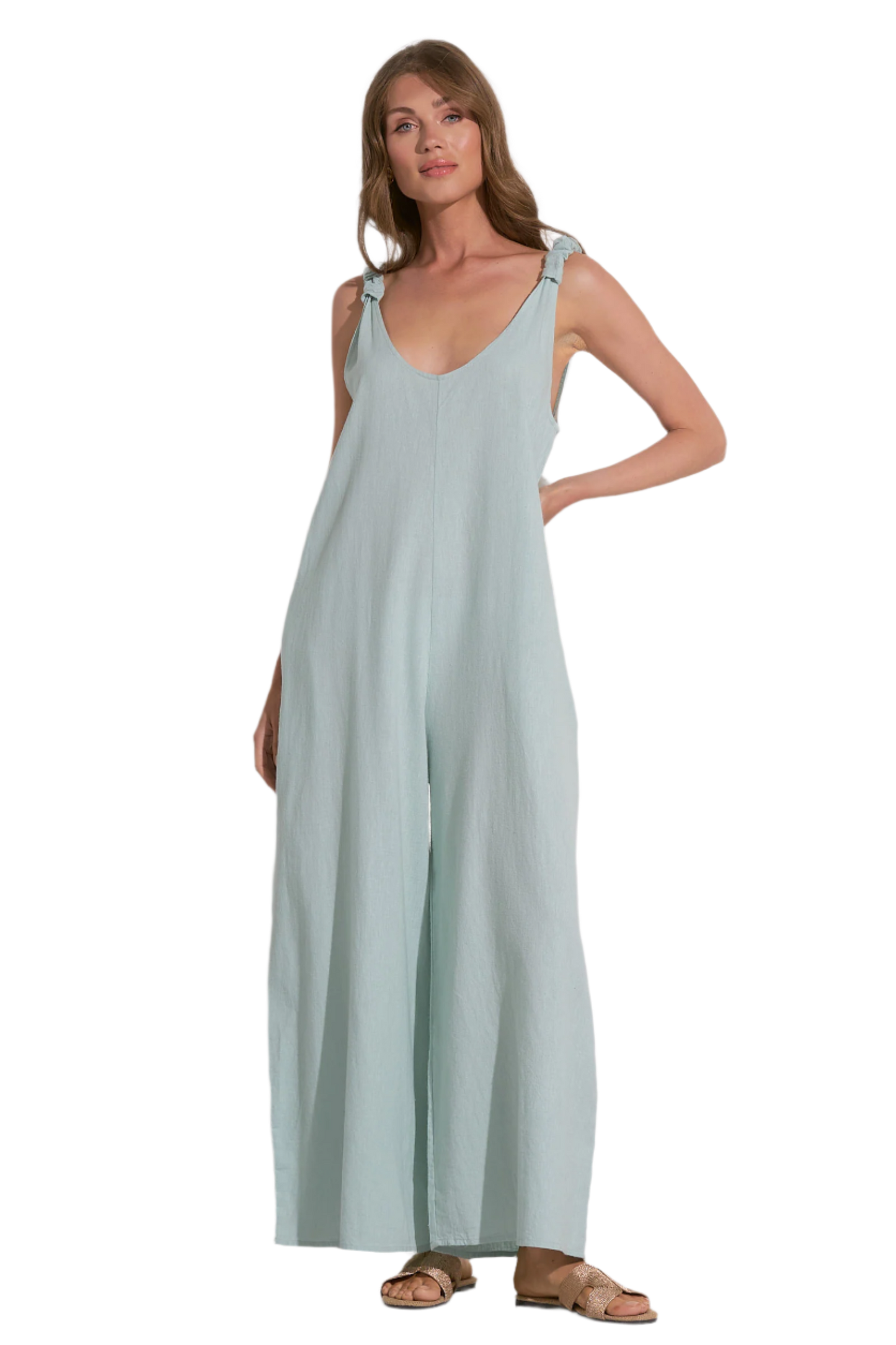 Elan V Neck Linen Tank Jumpsuit Romper - Light Teal - FINAL SALE