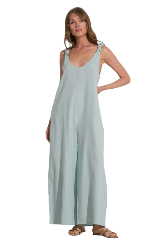 Elan V Neck Linen Tank Jumpsuit Romper - Light Teal - FINAL SALE