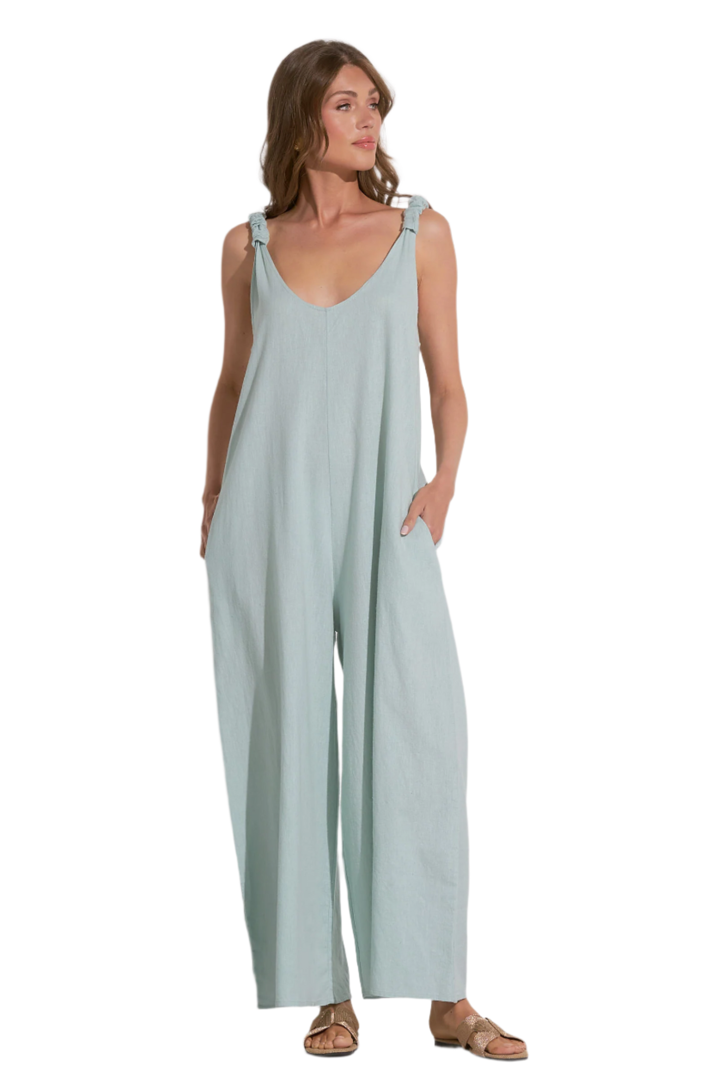 Elan V Neck Linen Tank Jumpsuit Romper - Light Teal - FINAL SALE