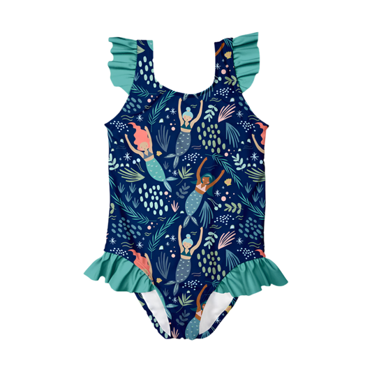 Millie Loves Lily Girls Ruffle-Accent One-Piece - Navy Mermaid