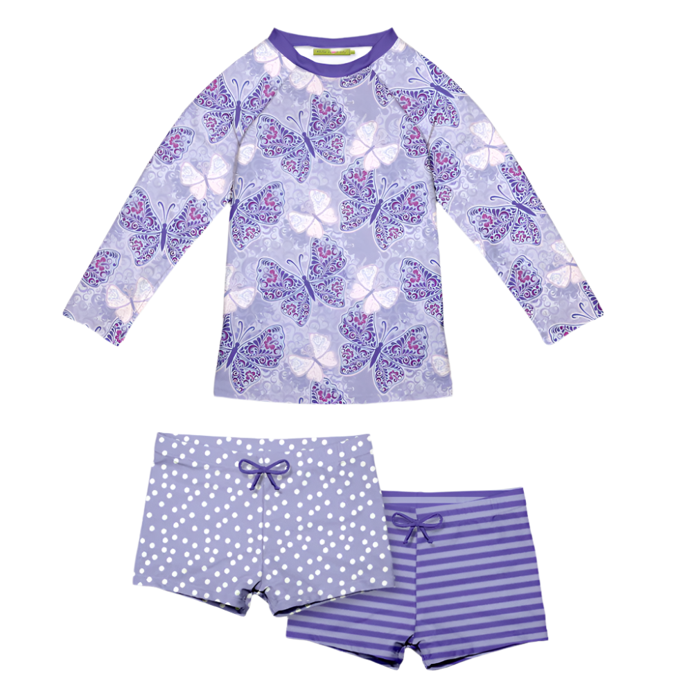 Millie Loves Lily Girls Swim Long-Sleeve 3-PC Rashguard Set - Butterfly Jewel