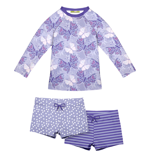 Millie Loves Lily Girls Swim Long-Sleeve 3-PC Rashguard Set - Butterfly Jewel