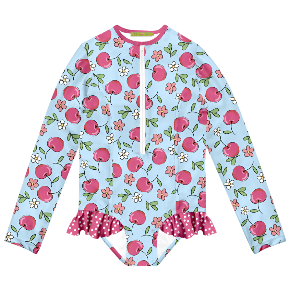 Millie Loves Lily Girls Swim One-Piece Rashguard - Ice Blue Cherries