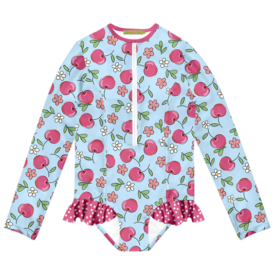 Millie Loves Lily Girls Swim One-Piece Rashguard - Ice Blue Cherries